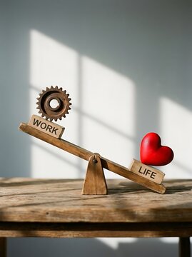 A wooden seesaw on a table balancing a gear labeled work on one side and a red heart labeled life on the other side to show balance concept