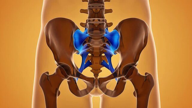 Anatomical 3D animation of the human pelvic girdle and lower lumbar spine with highlighted blue ligaments indicating the sacroiliac joint area