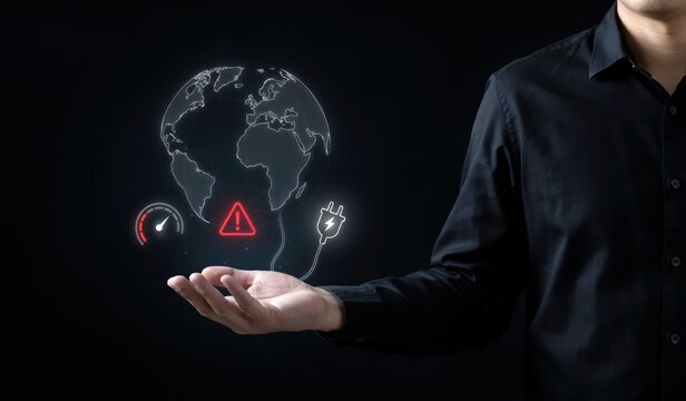 Global energy crisis concept, businessman holding glowing earth power icons