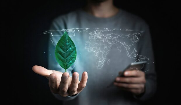 Green leaf hologram in hand, global ecology concept, sustainable technology