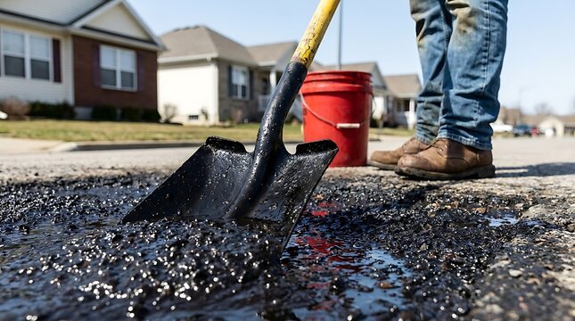 A person wearing blue jeans and brown boots using a shovel to fill a pothole in an asphalt road with fresh black tar in a suburban neighborhood