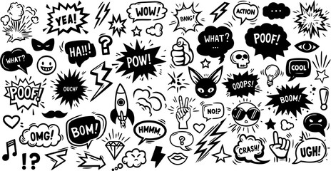Comic book doodle elements set with speech bubbles and expressive text © Icone Hub