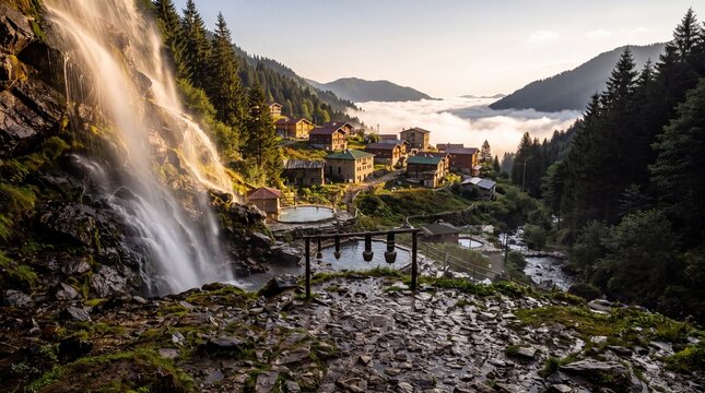 Ayder Highland &mdash; spray catches light where the fall hits the rocks, Rize