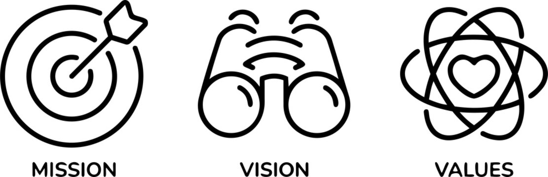 Business strategy icons representing mission vision and values with corporate