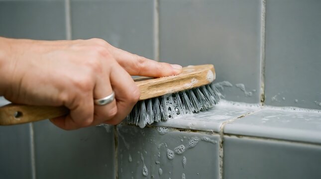 A person using a wooden scrub brush to clean grey bathroom tiles with soapy water and foam visible on the surface of the wall in the room