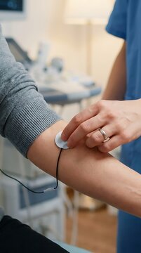 A medical attaching a circular electrode sensor to a patient arm during a diagnostic procedure in a clinical healthcare setting