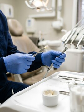 A dentist wearing blue latex gloves holding a dental tool and a spatula with paste in a clinical office with medical equipment in background