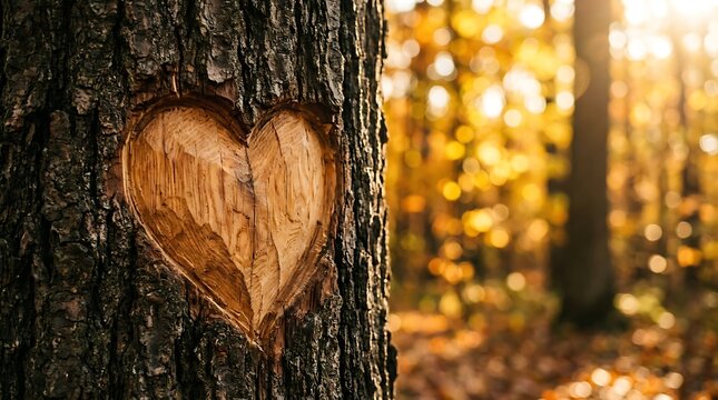 A carved heart shape in the rough textured bark of a tree trunk with a soft golden autumn forest background, and warm sunlight, bokeh effects