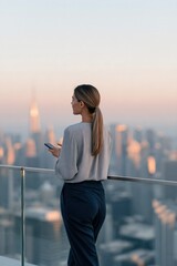 Obraz premium Woman on highrise balcony at sunset with ponytail overlooking metropolitan skyline for corporate background and poster design