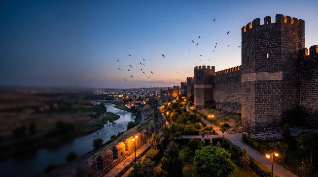 Diyarbakır Basalt Walls &mdash; lamps come on along the wall as swallows wheel, Diyarbakır
