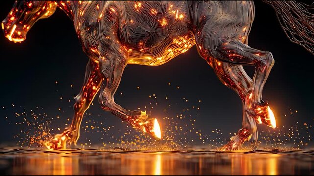 Fiery horse made of flames running across dark background, powerful fantasy creature concept with glowing embers and dynamic motion