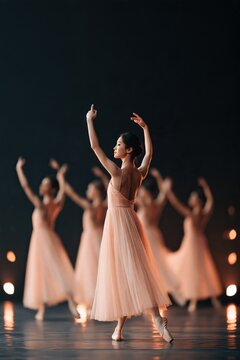 Young ballerina on pointe in peach tulle dress for performance poster and dance background with delicate lighting and poised composition