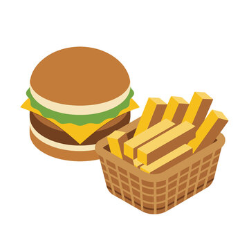 Burger and french fries in wicker basket for fast food meal advertising and restaurant combo menu promotions for take away dining lifestyle visual assets illustration.