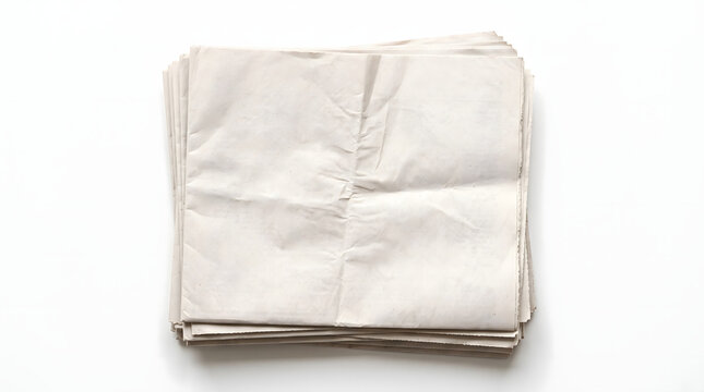 Top view of a small stack of light cream colored crumpled paper sheets neatly folded and isolated on a clean white background providing a textured surface for creative graphic design