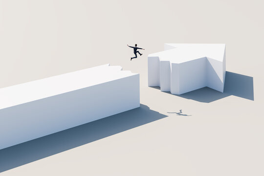 A businessman jumping over a gap in a huge 3d arrow. Courage, challenge concept.
