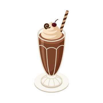 Chocolate milkshake with whipped cream and cherry in glass is perfect for sweet cafe dessert menu designs or isometric food and beverage vector illustrations.