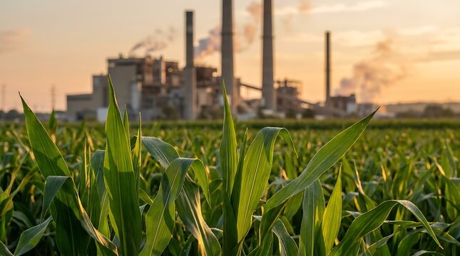 A lush green corn field in the foreground with a large industrial power plant with smoking chimneys visible in the background, at golden hour