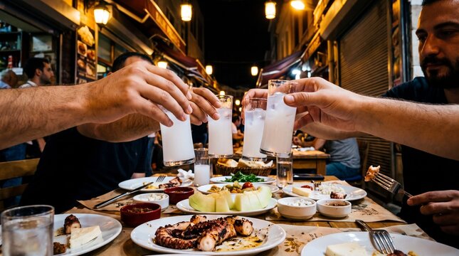 Balık Pazarı Meyhanesi, Istanbul: a narrow meyhane table crowded with meze plates and raki