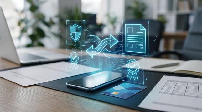 Credit card chargeback dispute review and transaction reversal process visualized with a holographic interface over a desk.