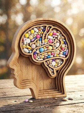 A wooden human head sculpture with a brain cavity filled with various colorful medical pills and capsules on a rustic wooden table outdoors