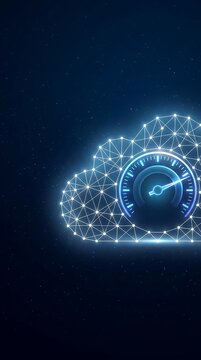 A digital cloud composed of glowing blue network lines and dots with a speedometer gauge in the center, representing speed cloud data
