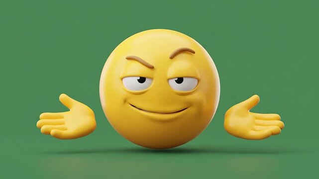 Yellow 3d emoticon shrugging with skeptical face on green background