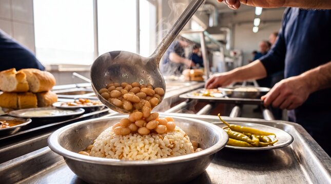 Pilav &Uuml;st&uuml; Kuru in İzmir &mdash; a busy workers' canteen with trays sliding along a rail