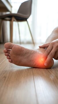 A person sitting on a wooden floor touching their painful heel with their hand, highlighting the area of foot discomfort with a glowing red spot