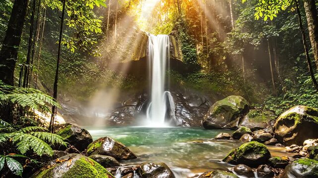 Tropical waterfall flows into a clear pool with dramatic sun rays