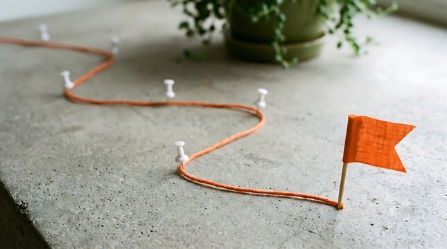 An orange string laid out in a winding path on a grey concrete surface with white pins marking points and a small orange flag at the end