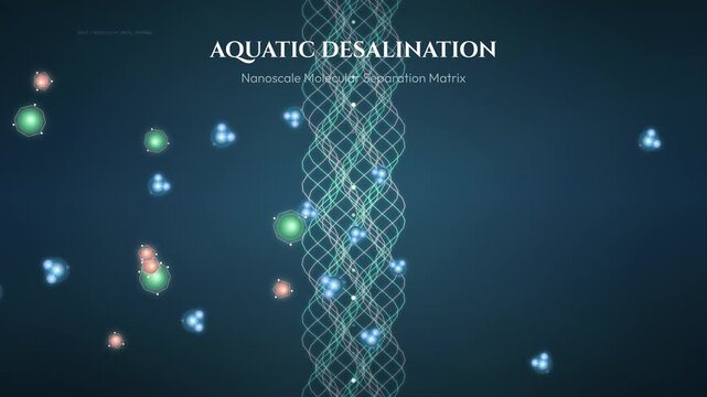 Aquatic desalination animation demonstrating nanoscale molecular separation matrix filtering dipole solvent water molecules from cation accumulation through a membrane
