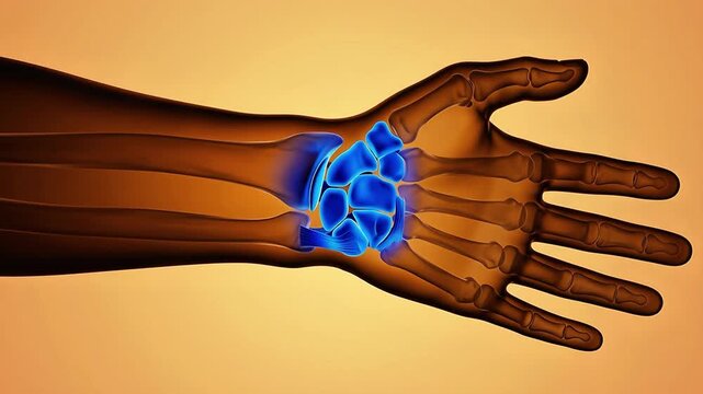 3D medical animation of a human hand and wrist showing carpal bones highlighted in blue as the fist opens and closes