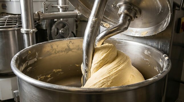 A large industrial metal mixing bowl contains thick bread dough being kneaded by a mechanical stainless steel spiral hook in a bakery environment