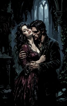 Gothic dark romance book cover illustration, passionate embracing couple in ruined castle, vampire fantasy digital art.