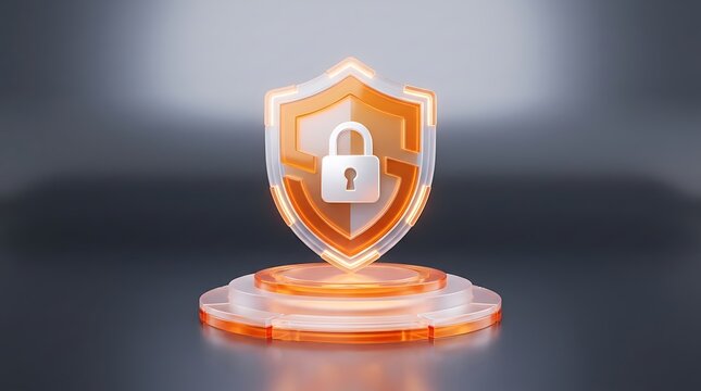 3d rendered security shield with a padlock symbol glowing in orange light on a circular platform against a dark grey blurred background