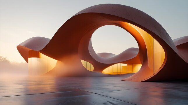 Abstract 3D neomorphic architectural background with curved terracotta structures, amber glass, and soft morning light with copy space