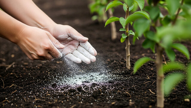 Scattering organic fertilizer powder on garden soil