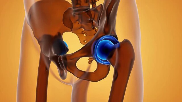 3D medical animation of a human hip joint with glowing blue highlights on the ball and socket joint indicating orthopedic focus