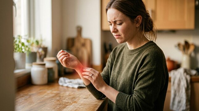 Medium shot of a woman in a kitchen holding and examining her painful, irritated wrist with red inflammation glow, indicating wrist sprain or localized skin dermatitis.