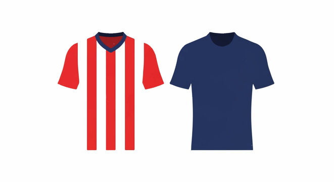 Two minimalist football jerseys side by side, one in vertical red/white stripes and the other in solid navy blue. Symmetrical composition representing a match-up. minimalist flat vector artwork,