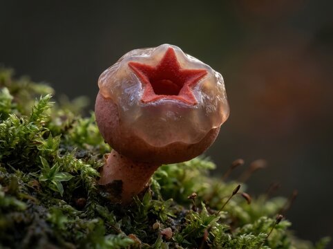 Unique red star shaped mushroom growing in vibrant green damp moss in a forest