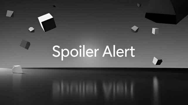 Cinematic spoiler alert text in a dark 3d monochrome environment