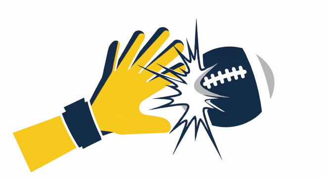 A stylized minimalist vector of a goalkeeper's gloved hand making a contact save with a football. Sharp impact lines radiating from the center. Using only yellow, dark blue, grey, and white. The