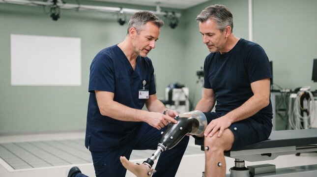 Doctor explaining prosthetic leg technology to patient sitting in clinic.