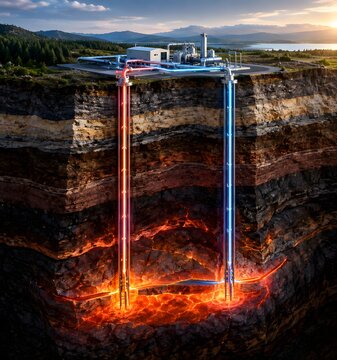 Geothermal energy plant with subsurface pipes transferring heat from magma chambers scenic view