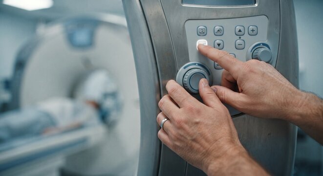 Doctor hands operating control panel of computed tomography CT scanner machine with patient inside.