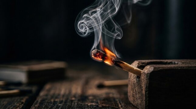A close up view of burnt matches row burnout on a wooden surface, with wisps of white smoke rising from the glowing embers and tiny flames in a dark moody atmosphere