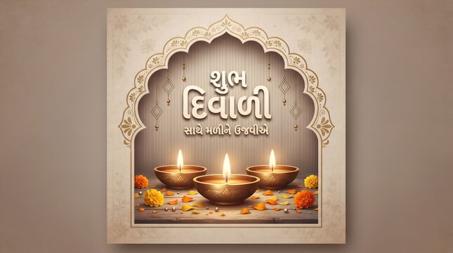 Shubh Diwali Square Greeting Layout with Gujarati Calligraphy and Oil Lamps