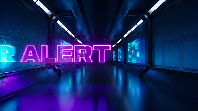 Futuristic neon spoiler alert text in sci-fi hallway animation
