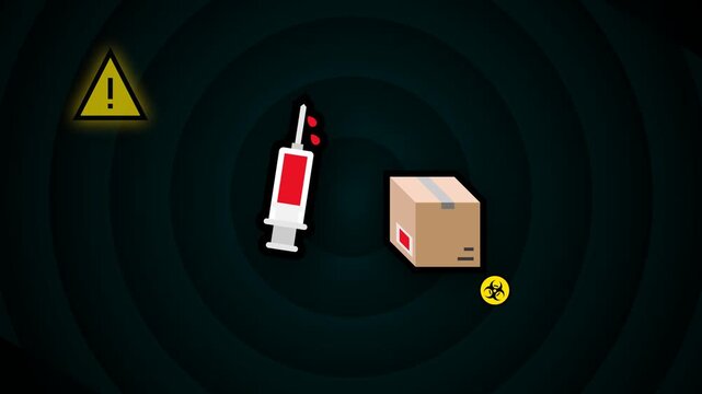 Medical supply icons with syringe and shipping box on dark background